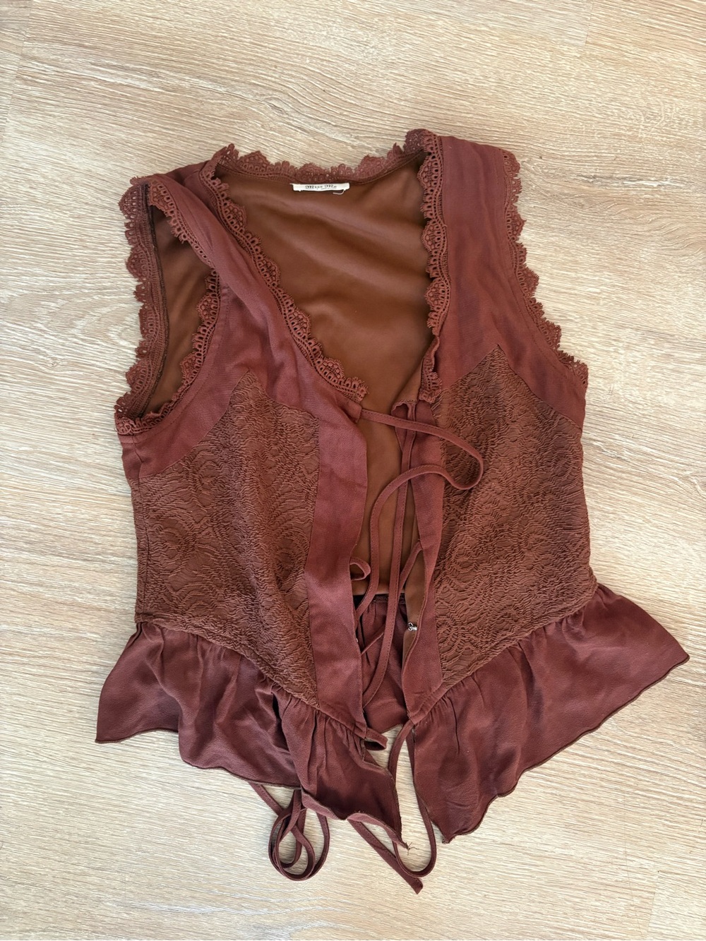 Miss Me Lace-Trim Satin Tie-Front Camisole in Rust